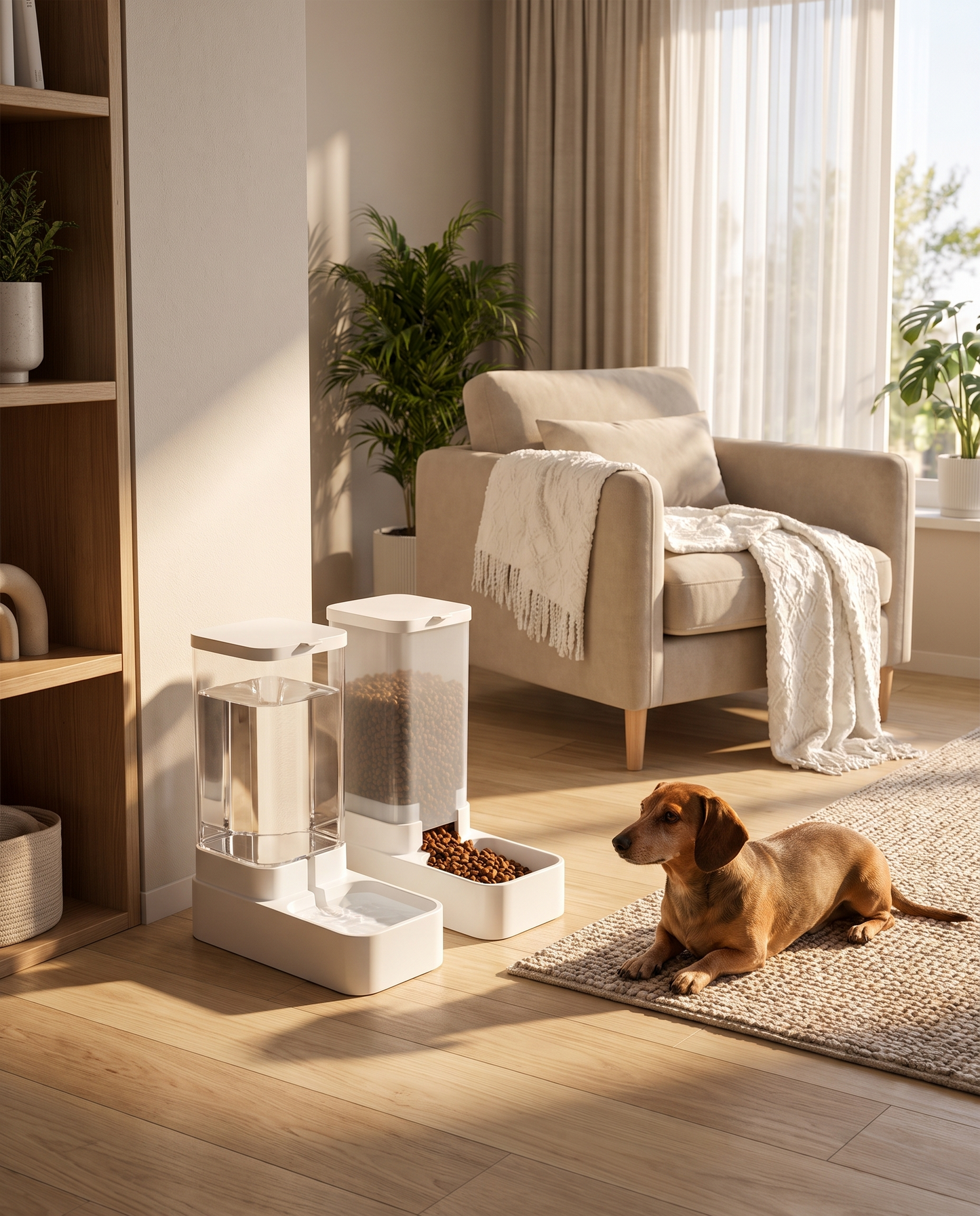 Automatic Pet Feeder in a cozy living room with a dog nearby