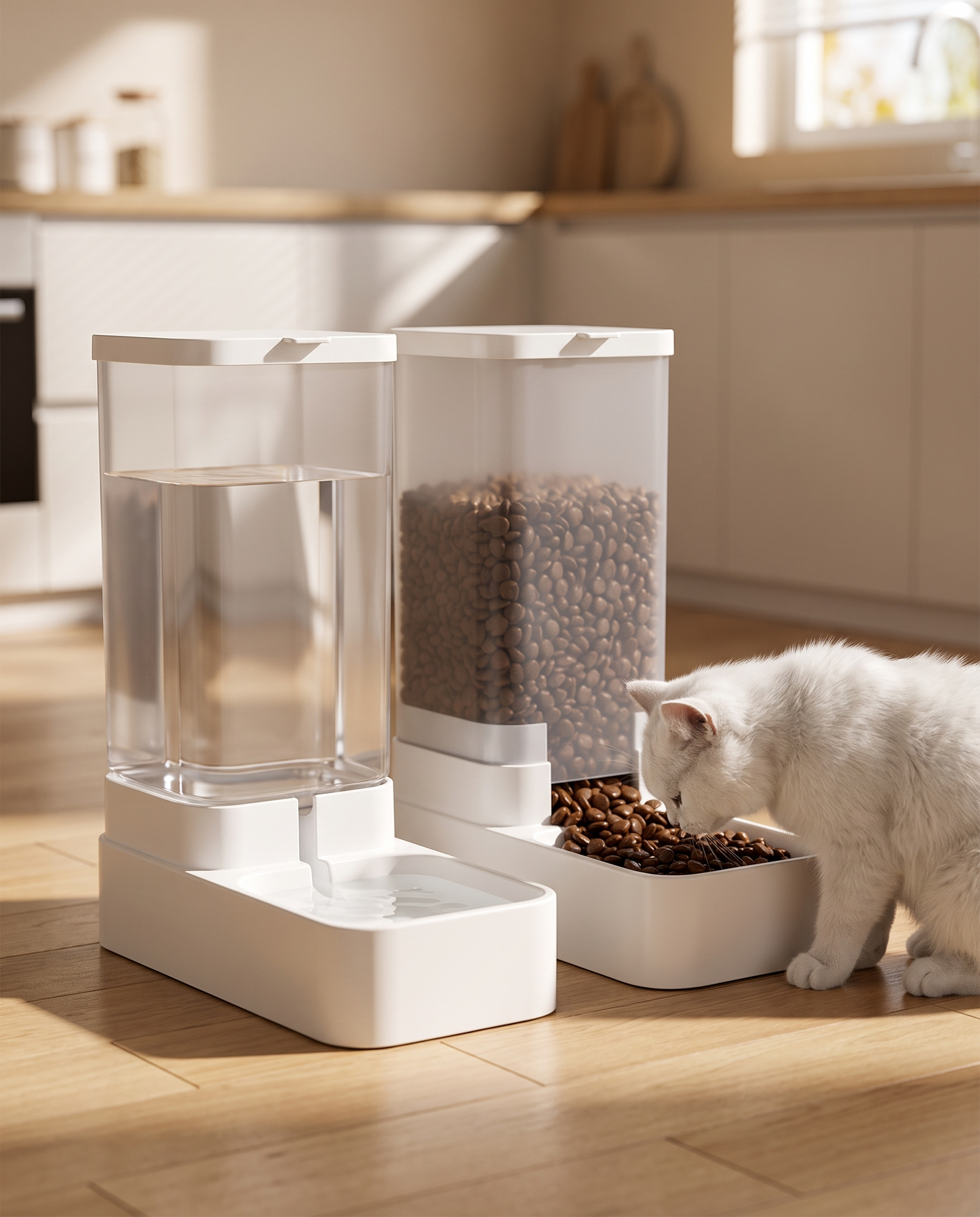 Cat eating from the Automatic Pet Feeder and Water Dispenser Set in a sunlit kitchen