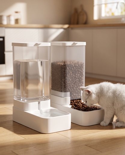 Cat eating from the Automatic Pet Feeder and Water Dispenser Set in a sunlit kitchen